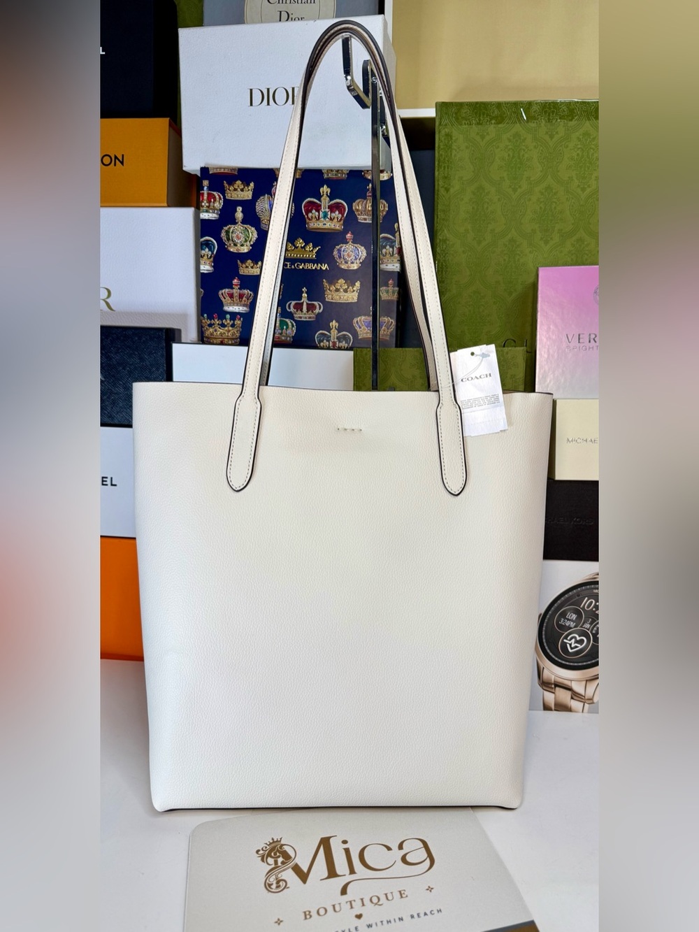 🆕 COACH Cream Pebbled Thea Tot with Double Handles and Tag MSRP:$425 - Picture 8 of 17